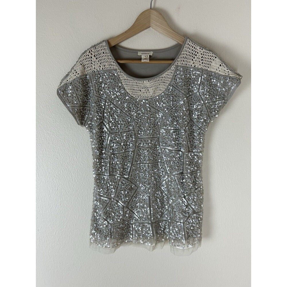 Sundance embroidered sequin gray tunic top size M Blouse Tee T-shirt Crochet